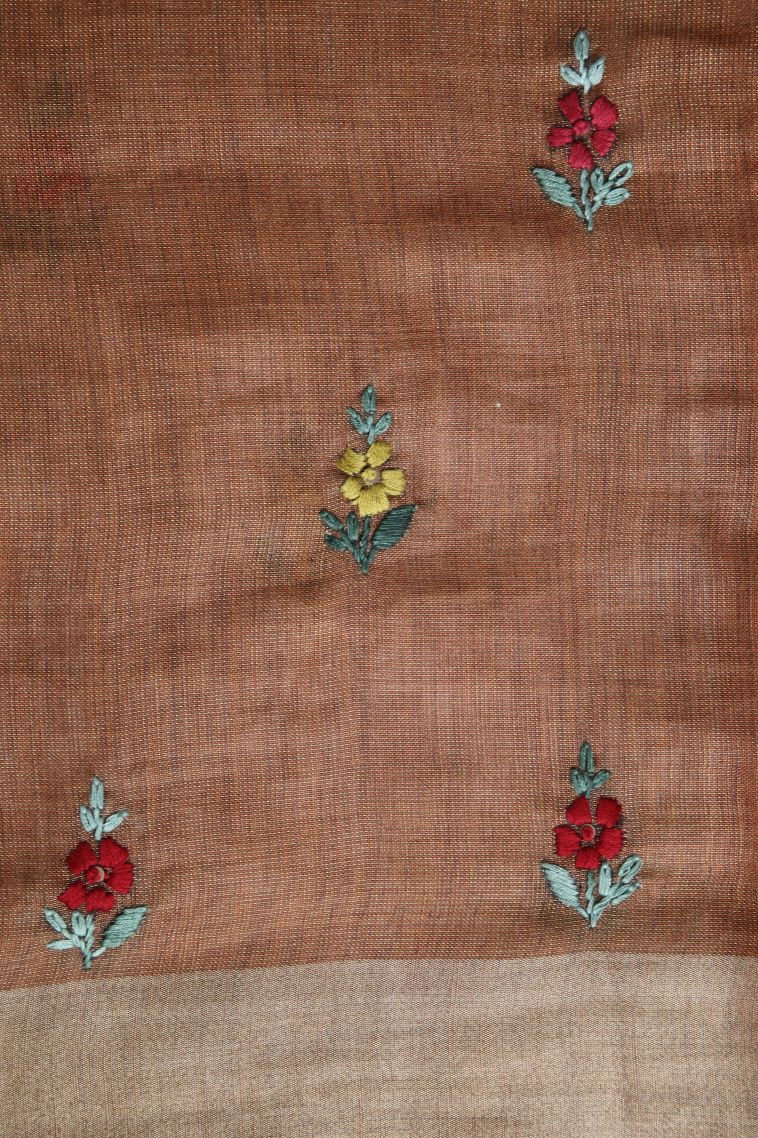 Peanut Brown Linen Saree with Gold Zari Buttis (small Dots Or Motifs) view 3