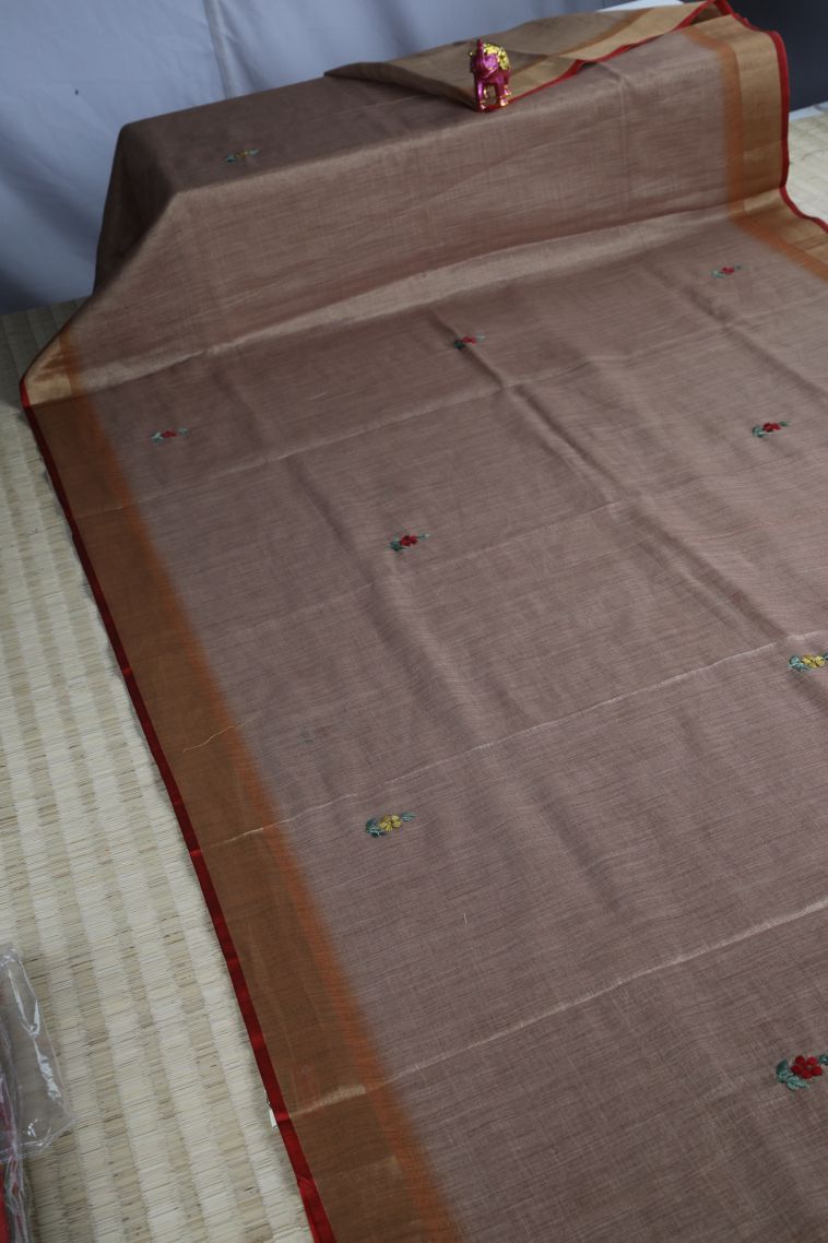 Peanut Brown Linen Saree with Gold Zari Buttis (small Dots Or Motifs) view 2