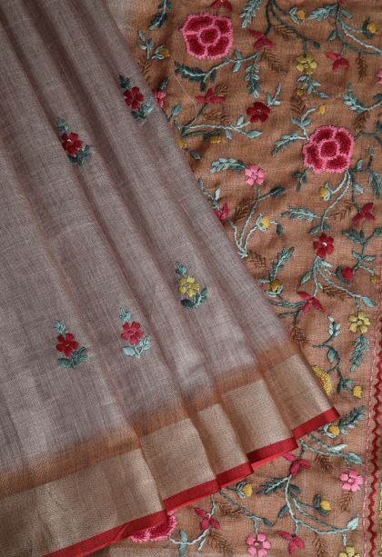 Peanut Brown Linen Saree with Gold Zari Buttis (small Dots Or Motifs)