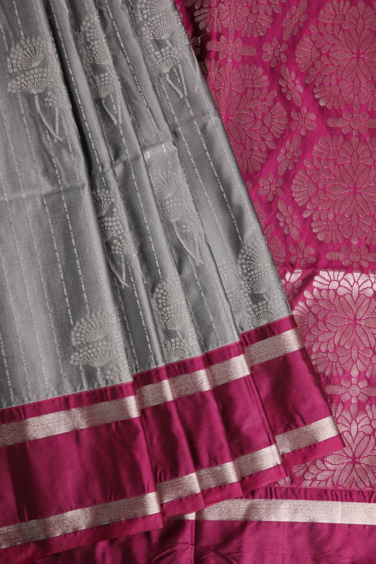 Granite Black Soft Silk Saree with Silver Zari Floral Puttas view 1