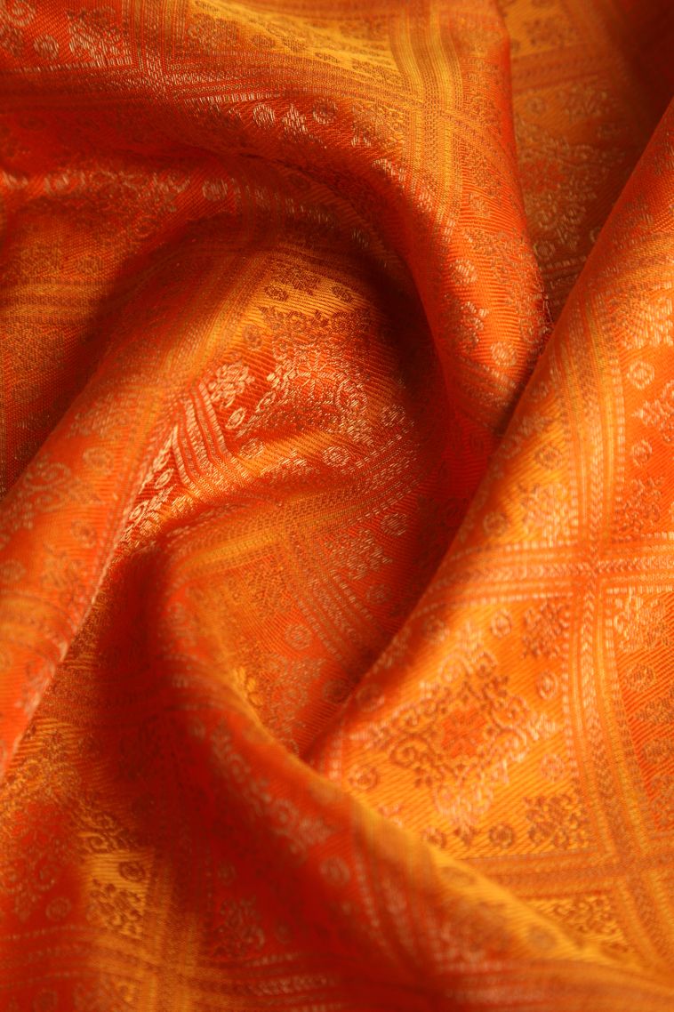 Candy Orange Kanchipuram Silk Sarees with Gold Zari Checks And Puttas view 4
