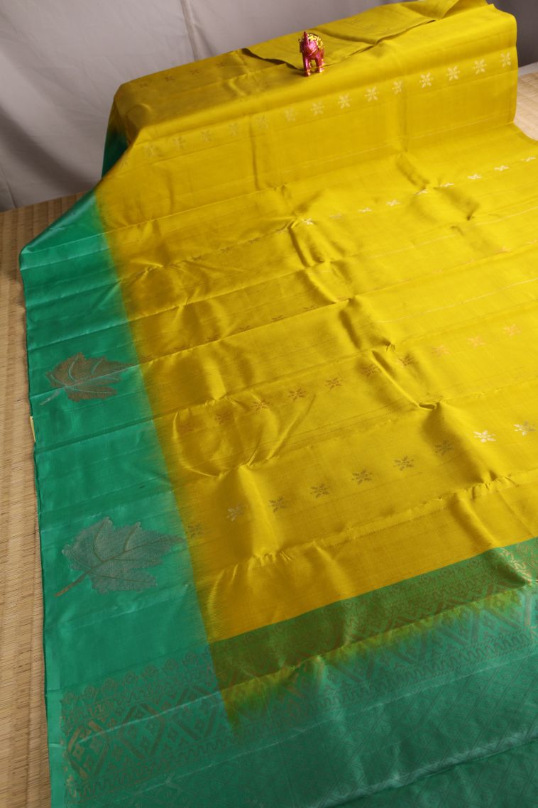 Lemon Yellow Soft Silk Saree with Gold Zari Floral Puttas view 2