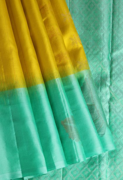 Lemon Yellow Soft Silk Saree with Gold Zari Floral Puttas