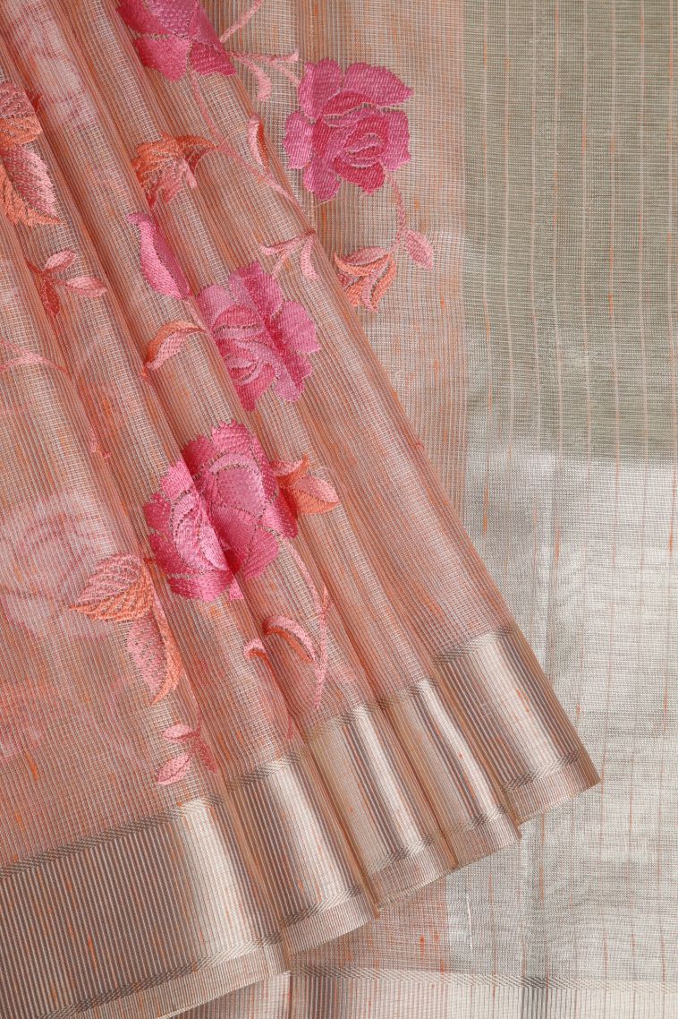 Peach Pink Tissue Silk Sarees with Gold And Silver Zari Floral Patterns view 1
