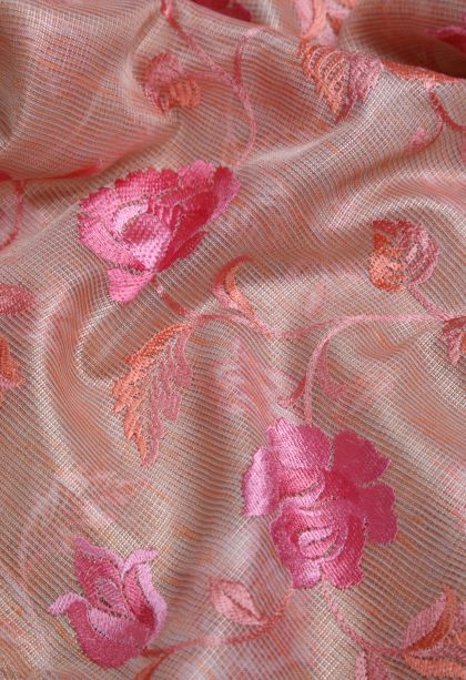 Peach Pink Tissue Silk Sarees with Gold And Silver Zari Floral Patterns