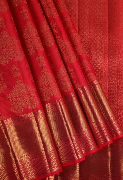 Candy Red Kanchipuram Silk Sarees with Gold Zari Chariot  And Peacock
