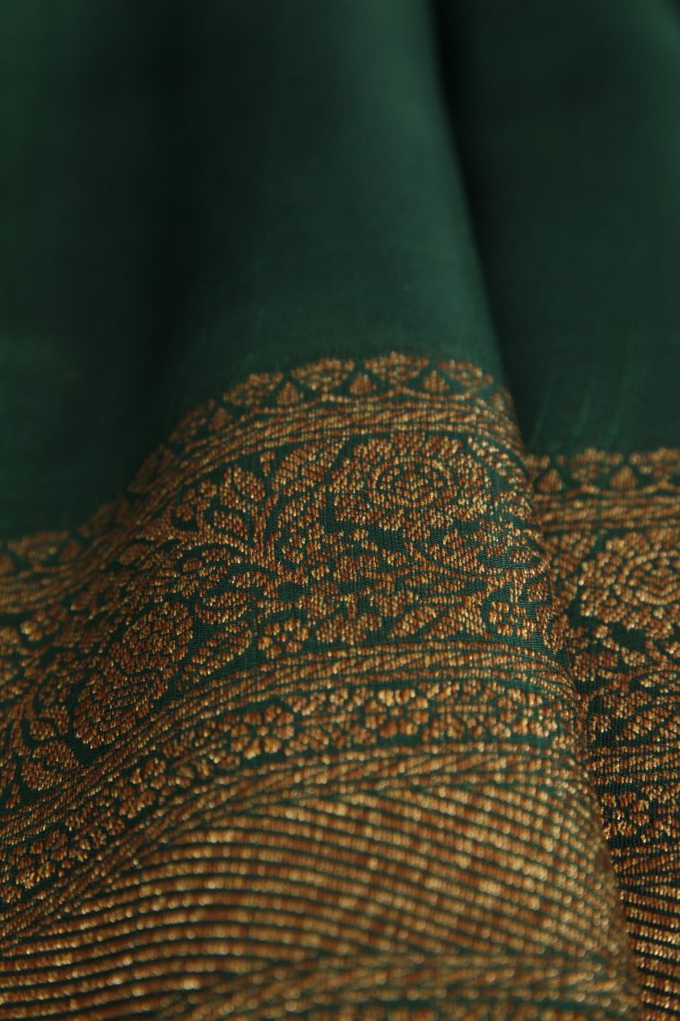 Bottle Green Banaras Sarees with Gold Zari Plain view 4