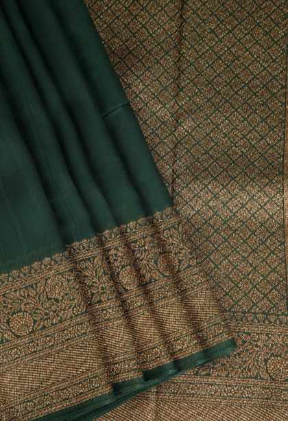 Bottle Green Banaras Sarees with Gold Zari Plain