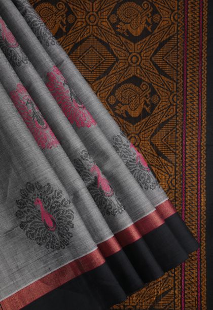 Gray Black Pure Handloom Kovai Cotton with Without Zari Zari Peacock Motifs