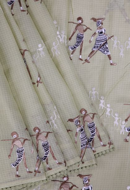 Pistachio Green Organza Saree with Without Zari Zari Tribal Or Folk Art