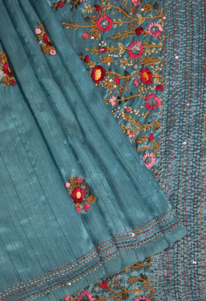 Cerulean Blue Jute Sarees with Without Zari Zari Floral Patterns
