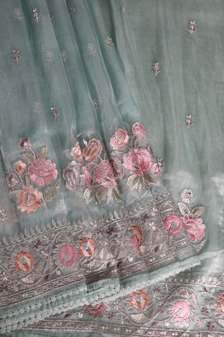 Sapphire Blue Organza Saree with Silver Zari Floral Patterns view 1
