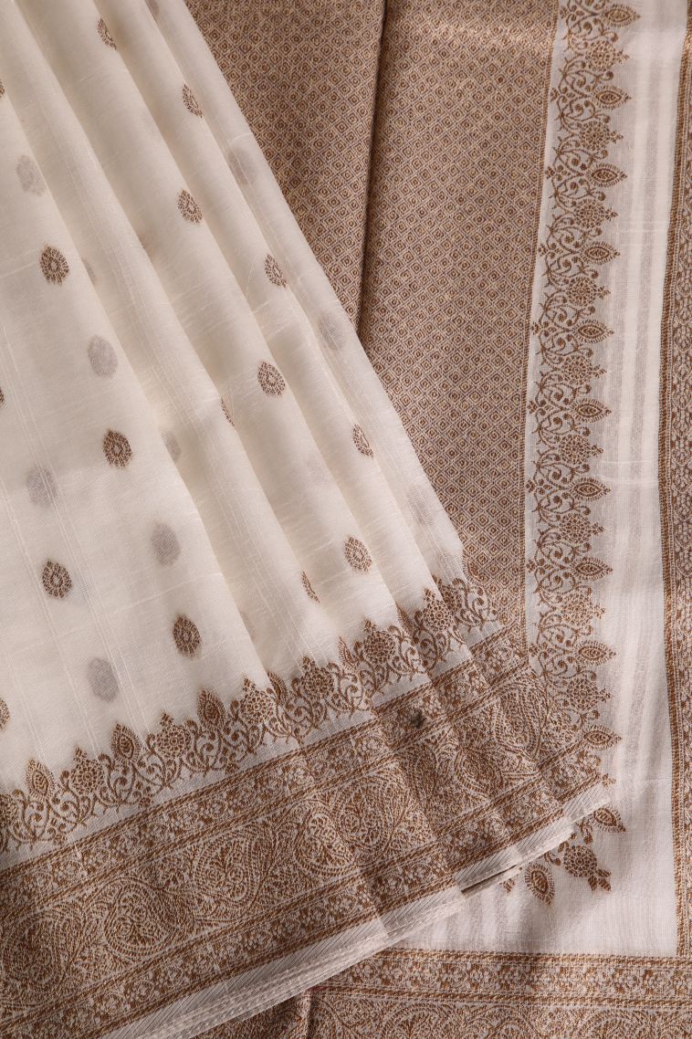 Lace White Banaras Sarees with Gold Zari Buttis (small Dots Or Motifs) view 1
