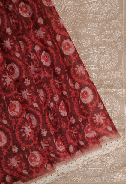 Dawn Red Fancy Saree with Without Zari Zari Floral Patterns