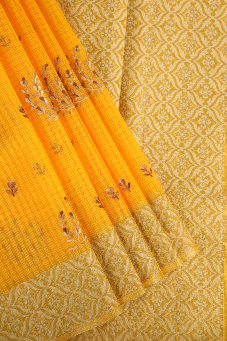 Lemon Yellow Manipuri Cotton Sarees with Gold Zari Floral Patterns view 1