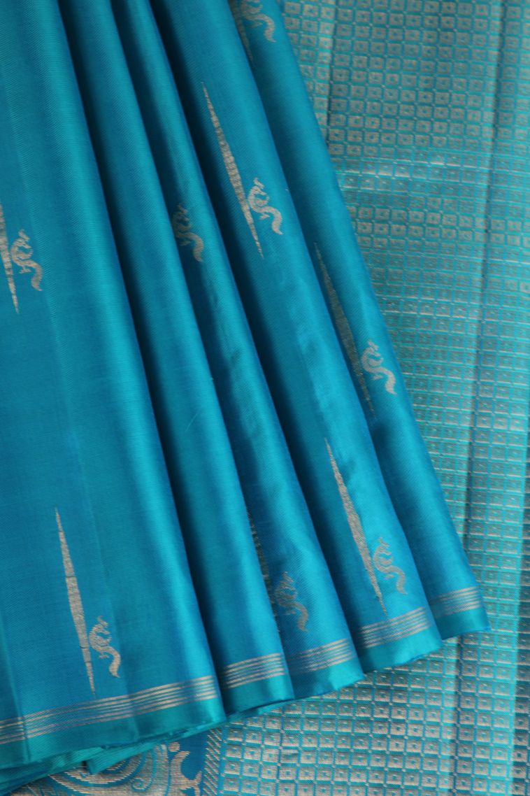 Cerulean Blue Soft Silk Saree with Gold Zari Floral Puttas view 1