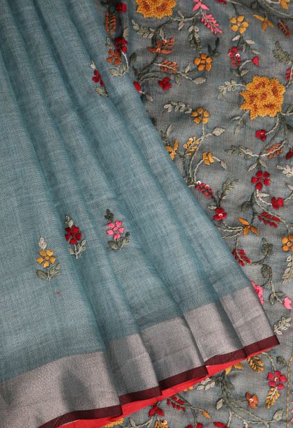 Cerulean Blue Linen Saree with Gold Zari Buttis (small Dots Or Motifs)