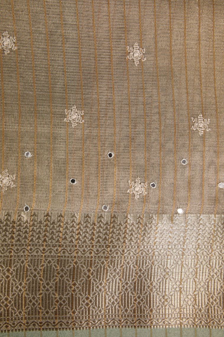 Pistachio Green Tissue Silk Sarees with Gold Zari Mirror Jamiki Puttas view 3