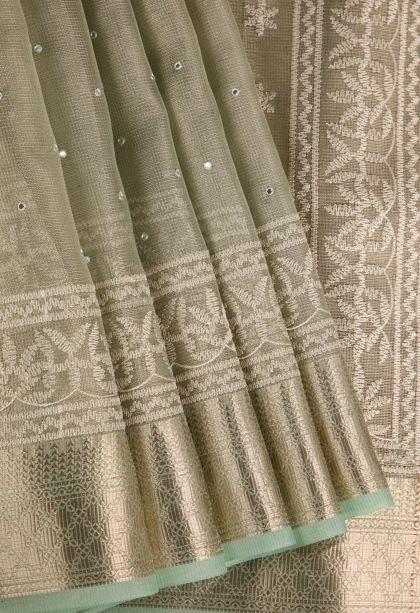 Pistachio Green Tissue Silk Sarees with Gold Zari Mirror Jamiki Puttas