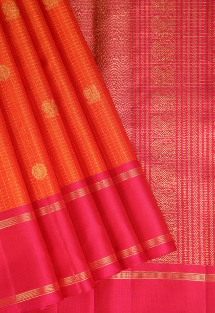 Tiger Orange Kanchipuram Silk Sarees with Gold Zari Checks And Puttas