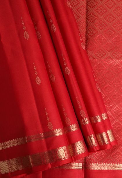 Apple Red Soft Silk Saree with Gold Zari Floral Puttas