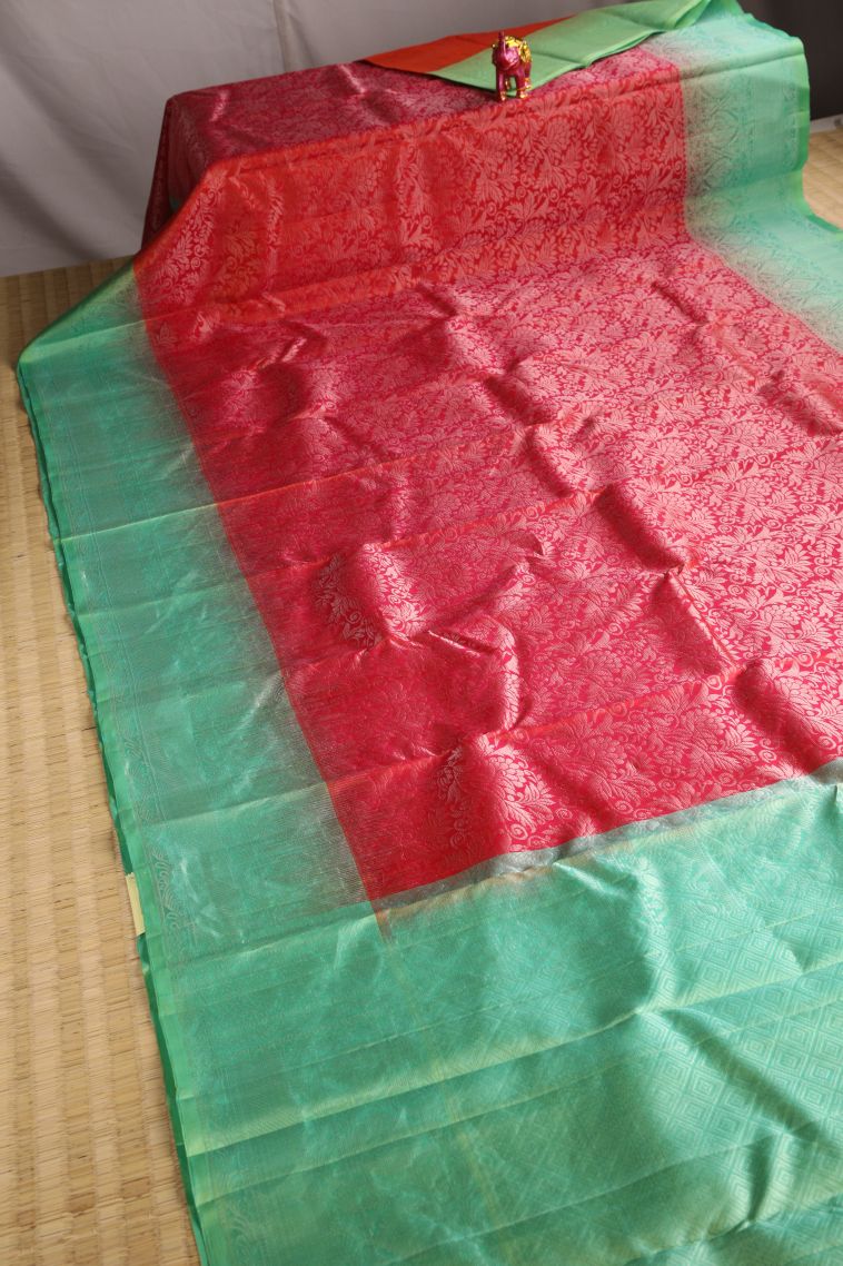 Rose  Red Soft Silk Saree with Gold Zari Floral Patterns view 2