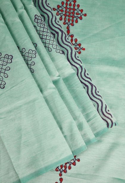 Mint Green Poly Cotton Sarees with Without Zari Zari Kolam Pattern