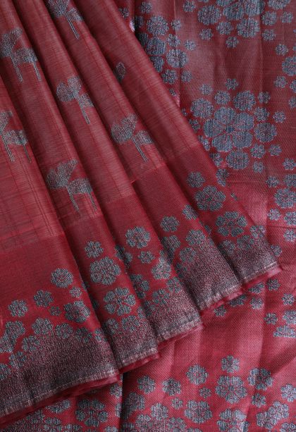 Lipstick Red Raw Silk Sarees with Without Zari Zari Floral Patterns