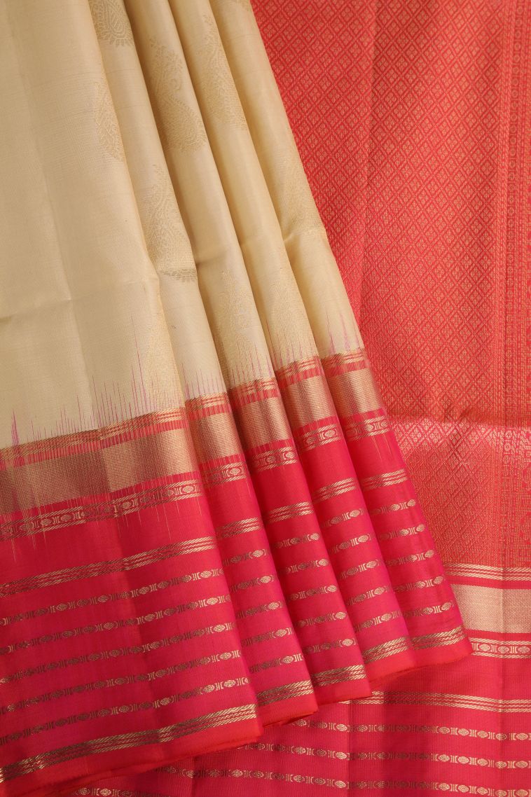 Cream White Soft Silk Saree with Gold Zari Manga view 1