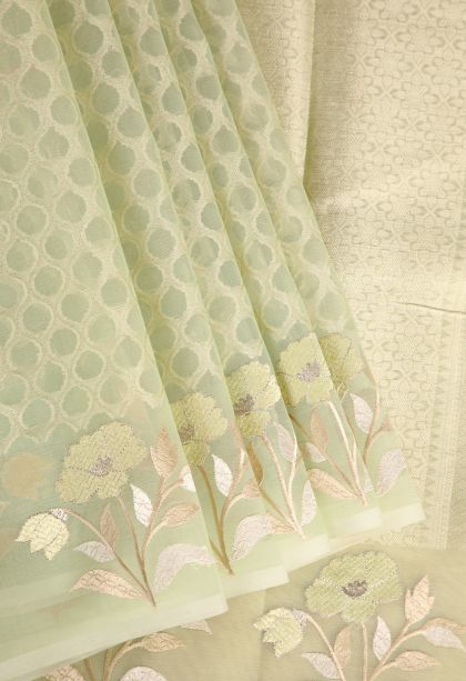 Pistachio Green Organza Saree with Antic Zari Geometric Shapes