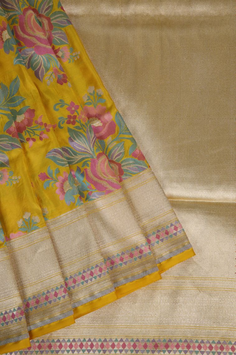 Merigold Orange Banaras Silk Saree with Gold And Silver Zari Floral Patterns view 1