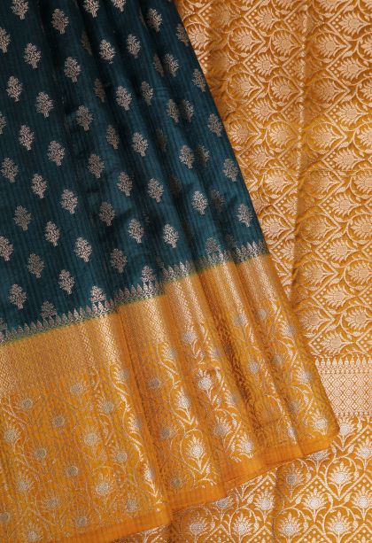 Aegean Blue Jute Sarees with Gold Zari Buttis (small Dots Or Motifs)
