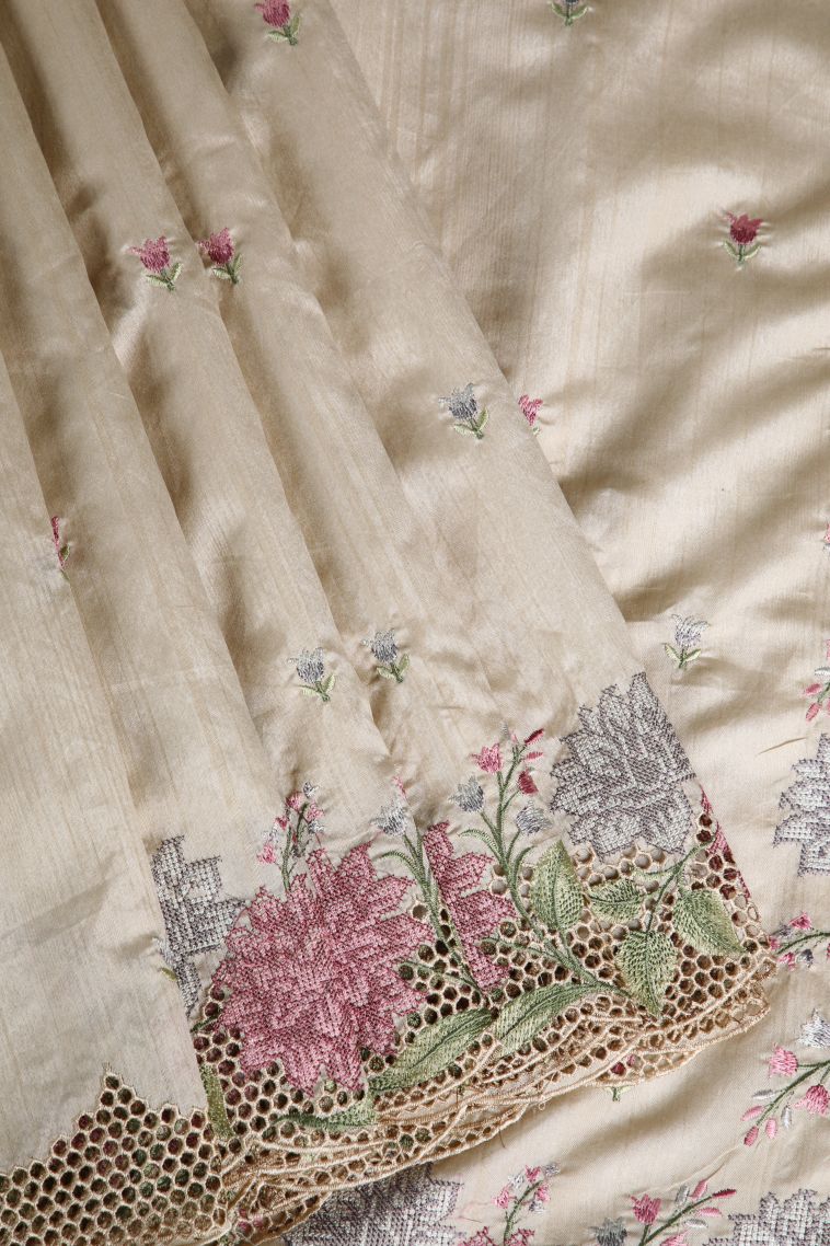 Linen White Semi Tussar Silk with Without Zari Zari Floral Patterns view 1