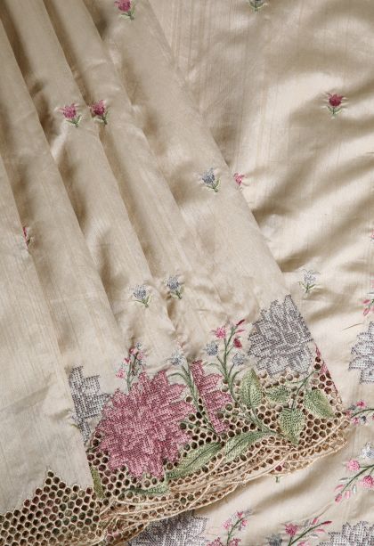 Linen White Semi Tussar Silk with Without Zari Zari Floral Patterns