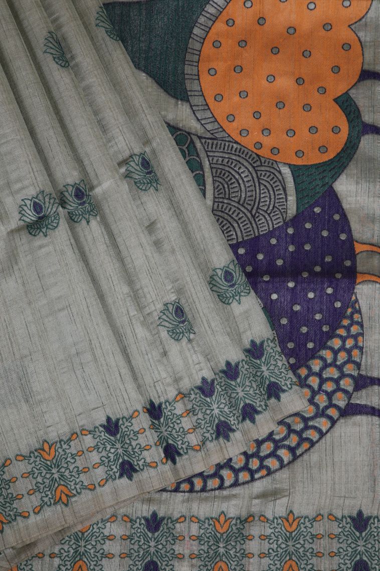 Pistachio Green Tussar Saree with Without Zari Zari Floral Patterns view 1