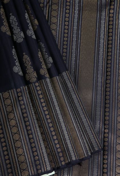 Onyx Black Kanchipuram Silk Sarees with Gold And Silver Zari Floral Patterns