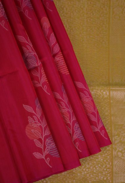 Candy Red Silk Cotton Sarees with Silver Zari Floral Patterns
