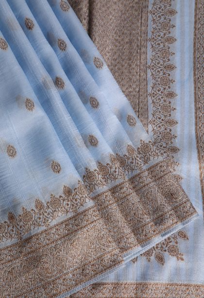 Sky Blue Banaras Sarees with Gold Zari Buttis (small Dots Or Motifs)