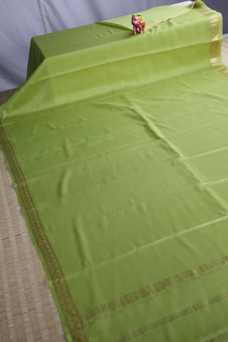 Pear Green Mysore Silk with Gold Zari Plain view 2