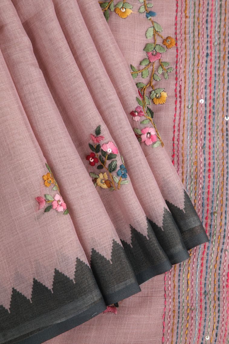 Lemonade Pink Linen Saree with Without Zari Zari Floral Patterns view 1