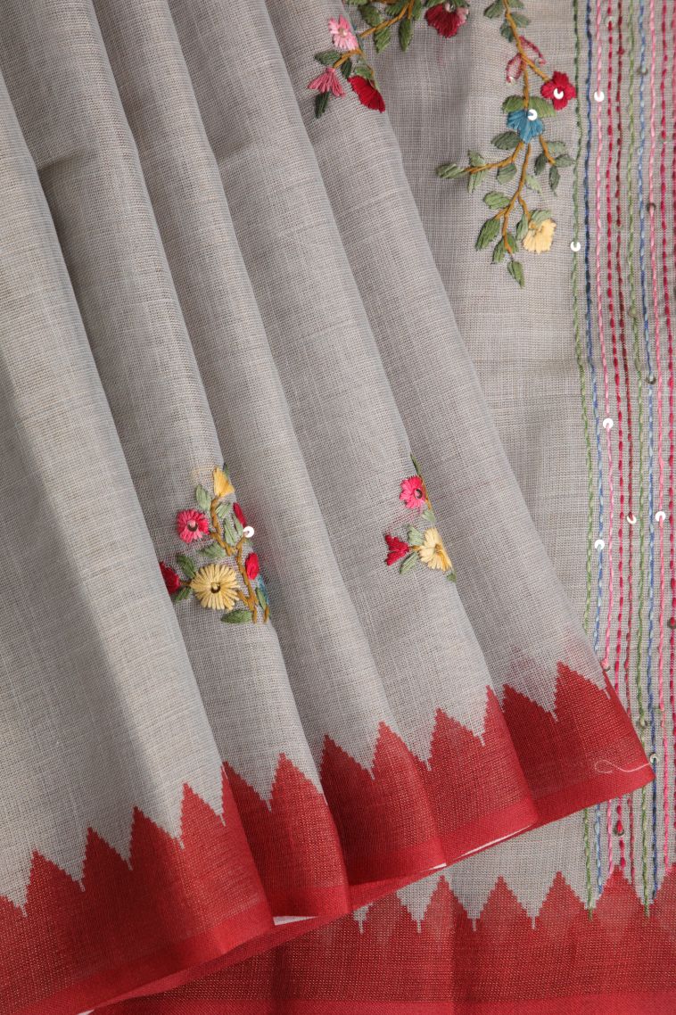 Smoke White Linen Saree with Without Zari Zari Floral Patterns view 1