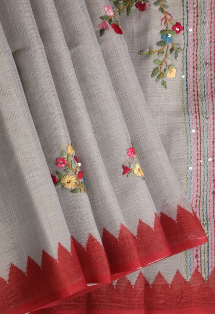 Smoke White Linen Saree with Without Zari Zari Floral Patterns