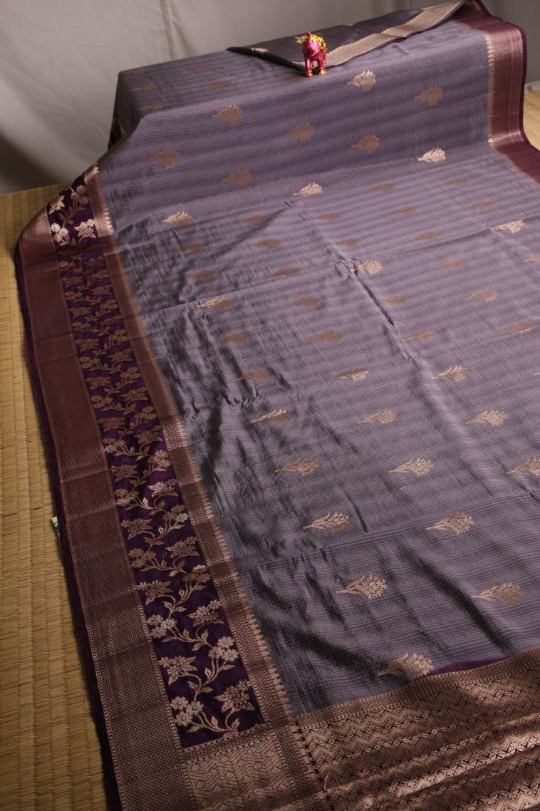 Damp Black Jute Sarees with Gold Zari Floral Puttas view 2