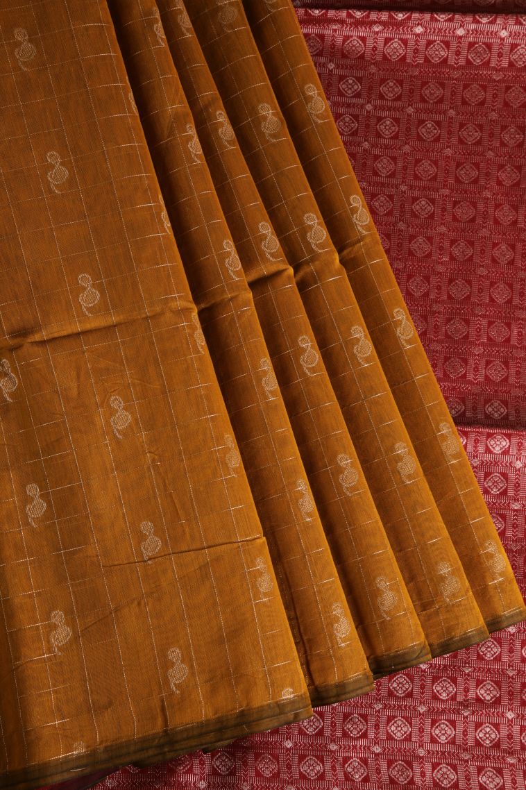Parmesean Yellow Silk Cotton Sarees with Gold Zari Checks And Puttas view 1