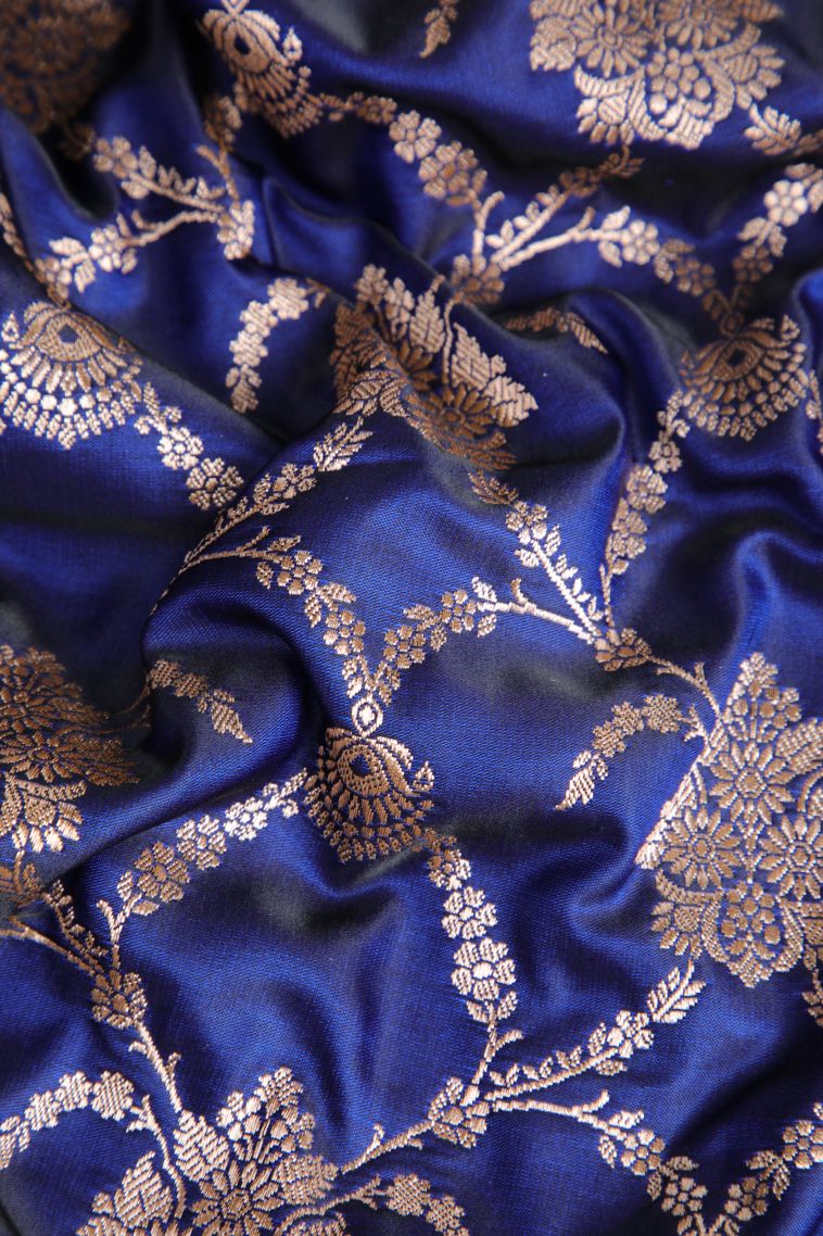 Admiral Blue Banaras Sarees with Gold Zari Floral Patterns view 4