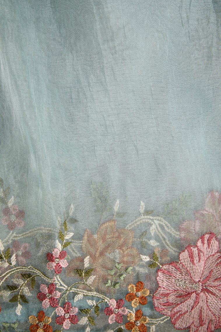 Sky Blue Organza Saree with Multy Colour Zari Floral Puttas view 3