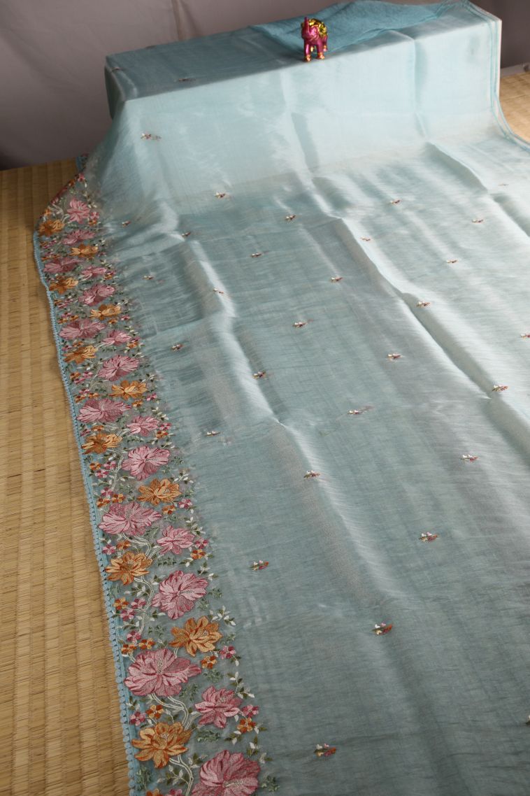 Sky Blue Organza Saree with Multy Colour Zari Floral Puttas view 2