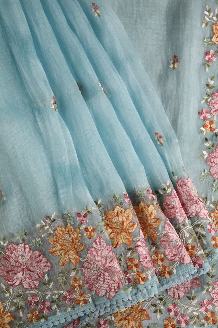 Sky Blue Organza Saree with Multy Colour Zari Floral Puttas view 1