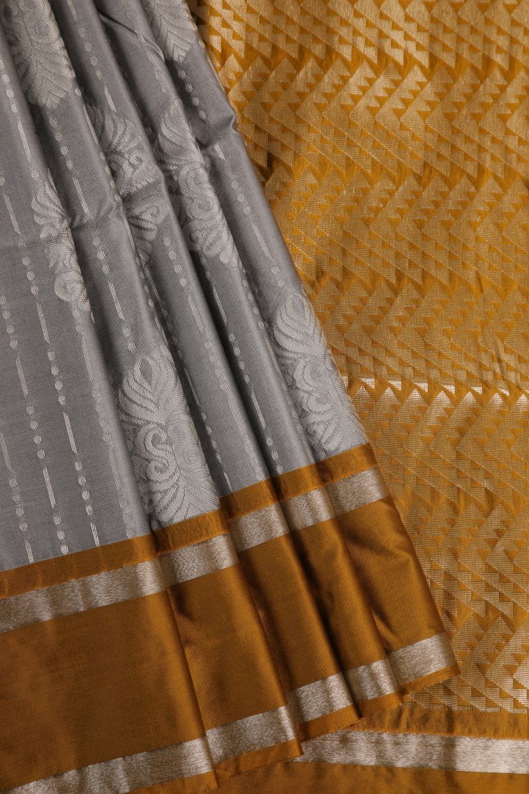 Davy Black Soft Silk Saree with Silver Zari Floral Puttas view 1