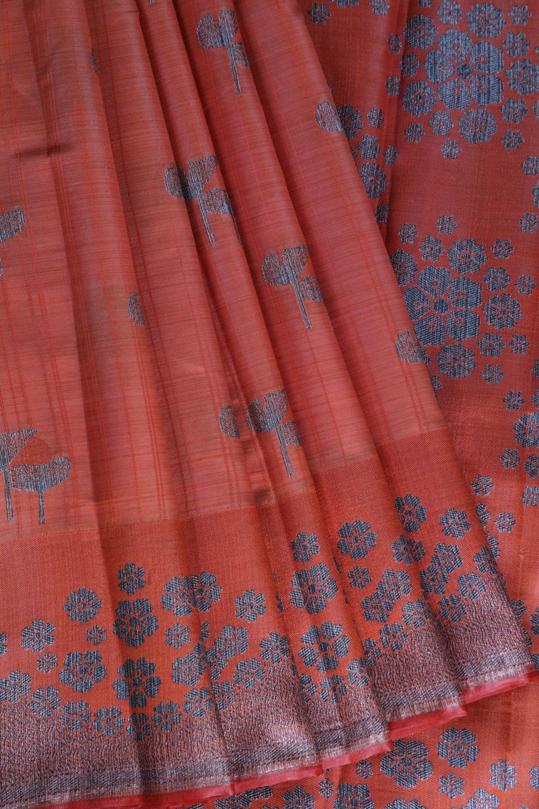 Dawn Red Raw Silk Sarees with Without Zari Zari Floral Patterns view 1